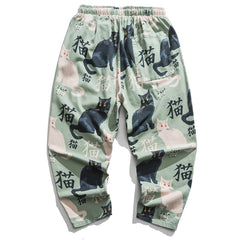 Mens Joggers Hip Hop Cat Print Pants Streetwear