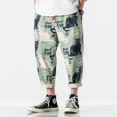 Mens Joggers Hip Hop Cat Print Pants Streetwear