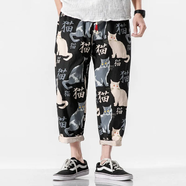 Mens Joggers Hip Hop Cat Print Pants Streetwear