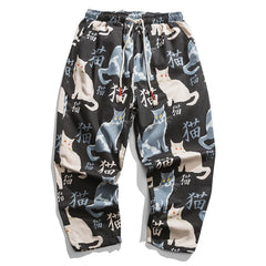 Mens Joggers Hip Hop Cat Print Pants Streetwear