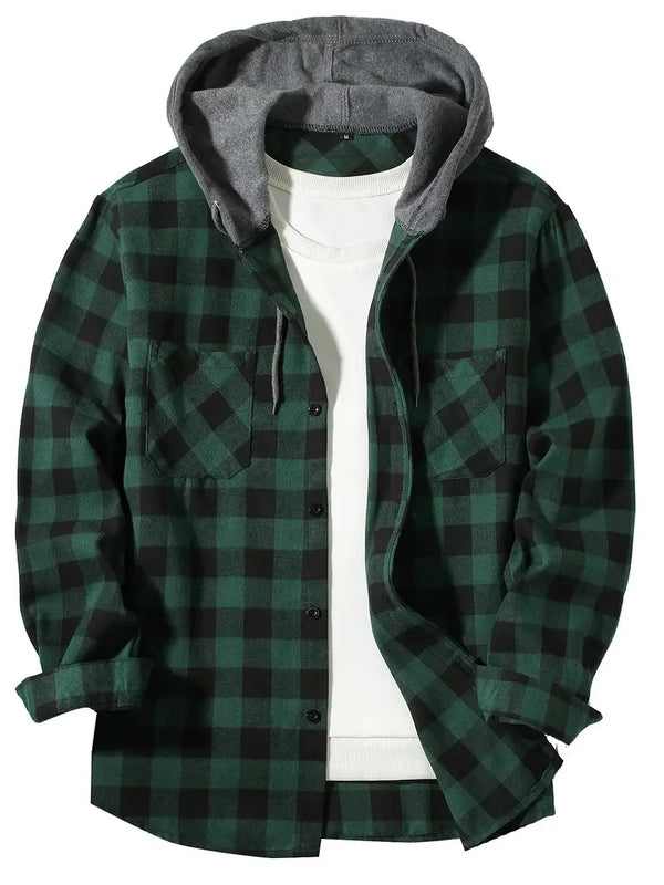 Men's Shirts Classic Plaid Casual Button Down Hooded