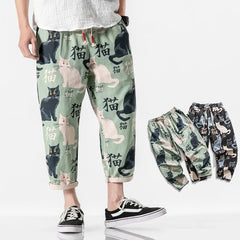 Mens Joggers Hip Hop Cat Print Pants Streetwear